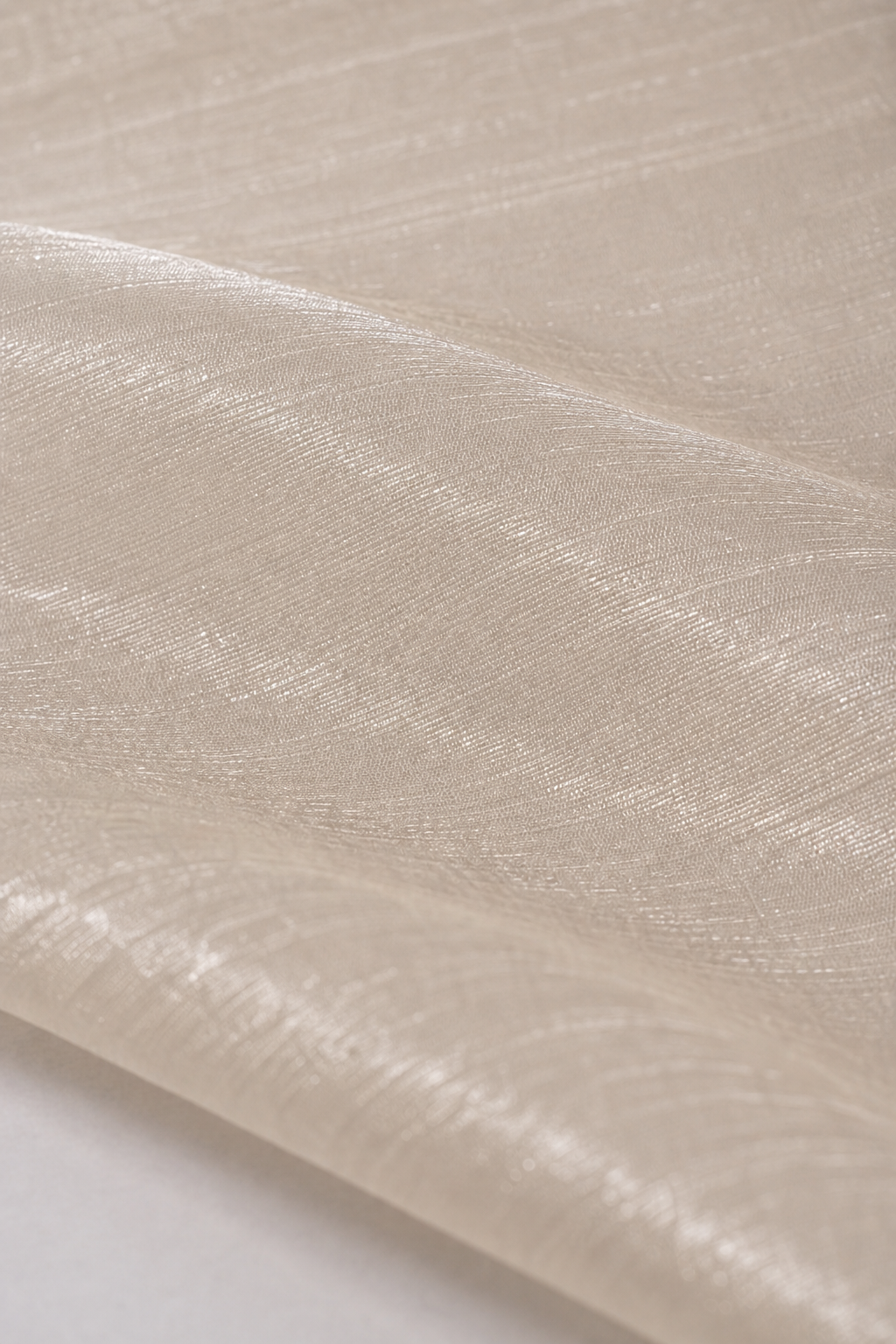 Macro of a champagne crush tissue saree lifted to the light, its metallic zari weft shimmering in fine lines across the sheer weave.