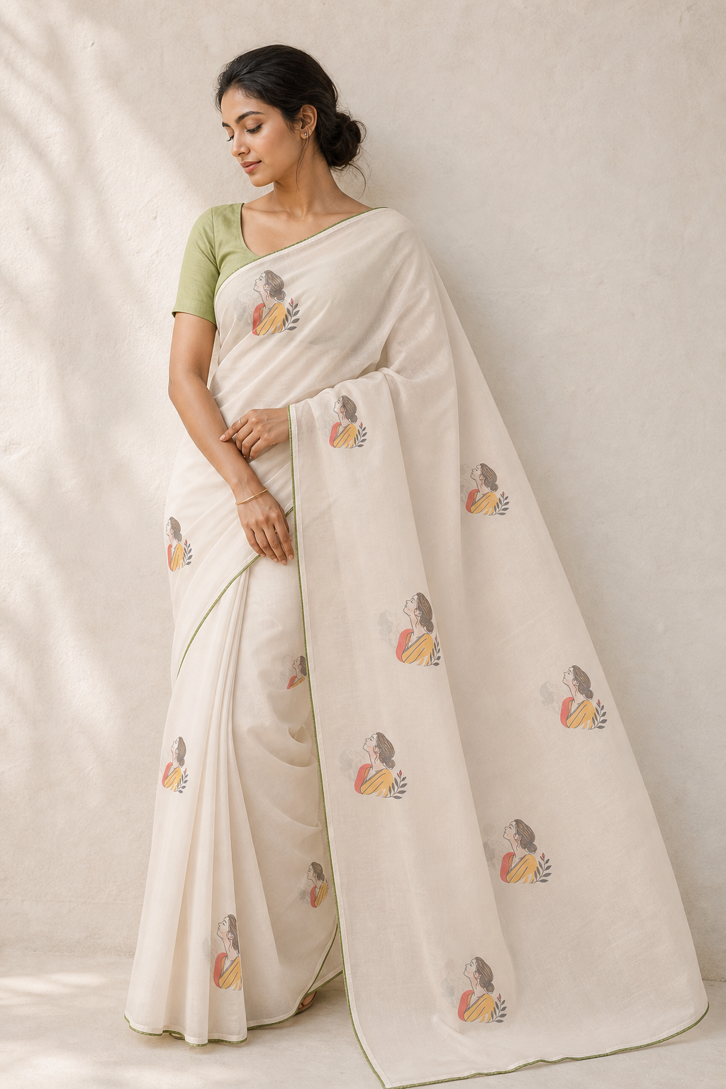 A woman models a cream-colored cotton saree with small colorful floral prints and a light green sleeveless blouse, standing against a textured beige wall.