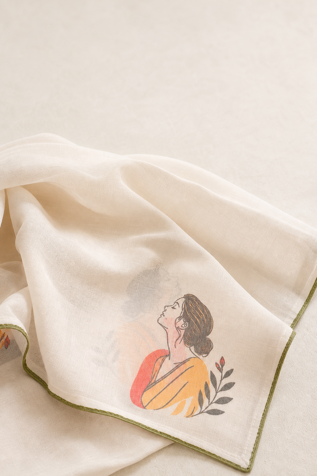A cream-colored square scarf with a green border, featuring a delicate illustration of a woman in a yellow and red top near the bottom right corner.
