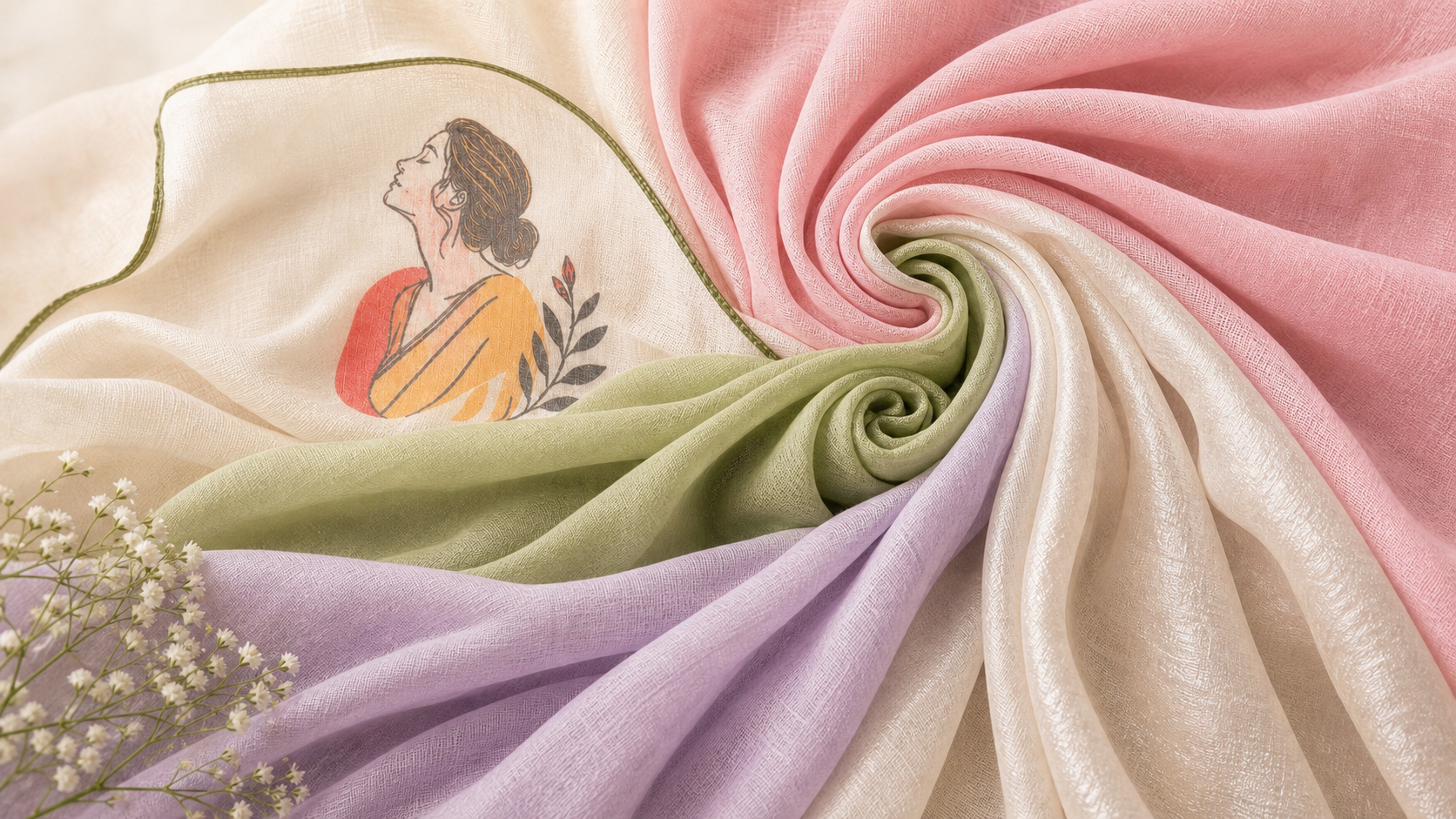 A close-up of draped fabric arranged in a spiral, showing multiple soft pastel colors including pink, cream, lavender, and light green. One cream section has a printed illustration of a woman in a yellow dress with a red headscarf and leaf motif.