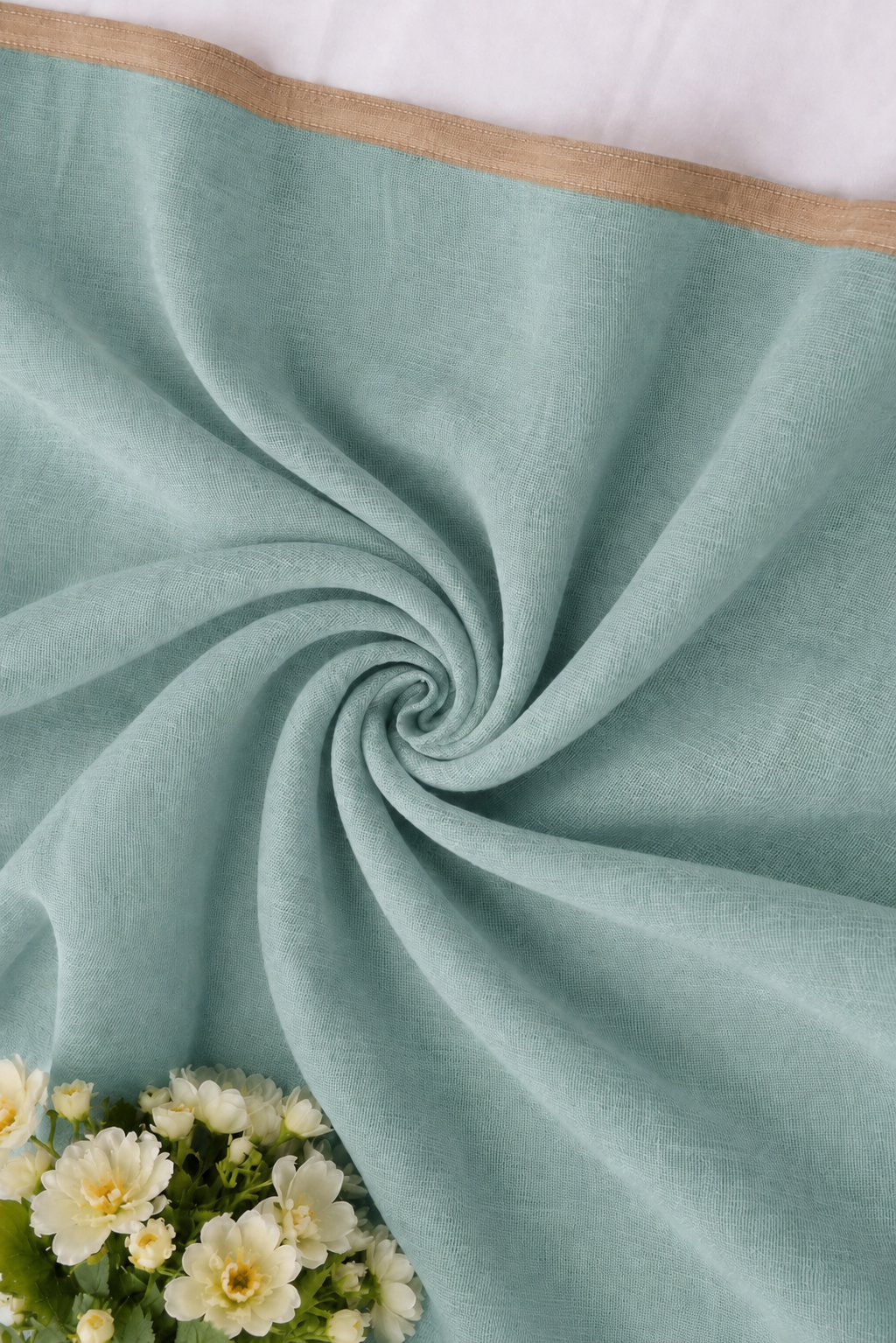 Coordinating aqua cotton blouse piece with a chiku selvedge, styled in a soft spiral.