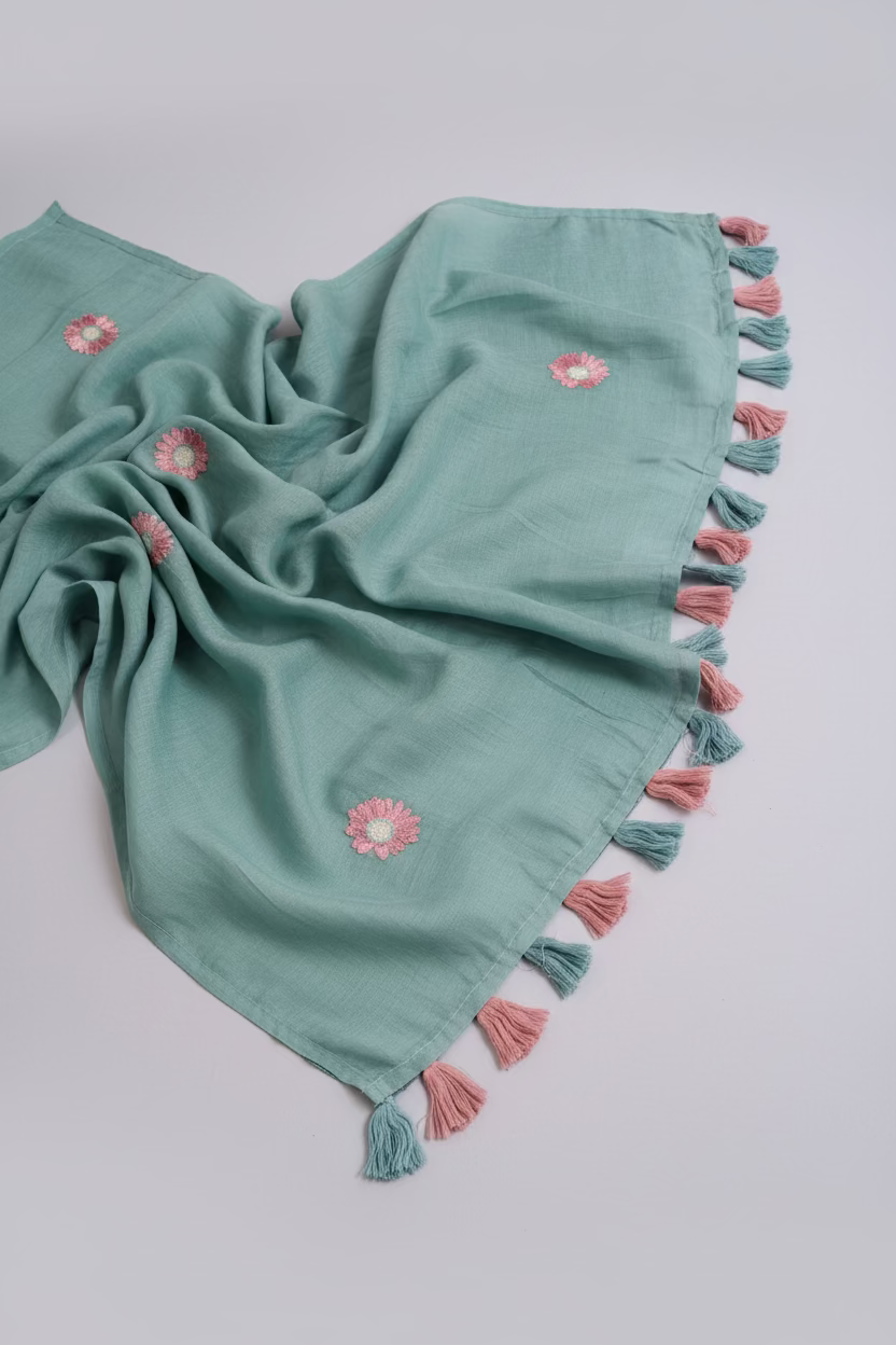 Close-up of an aqua mul cotton saree's tasselled pallu in dusty-pink and grey-blue.