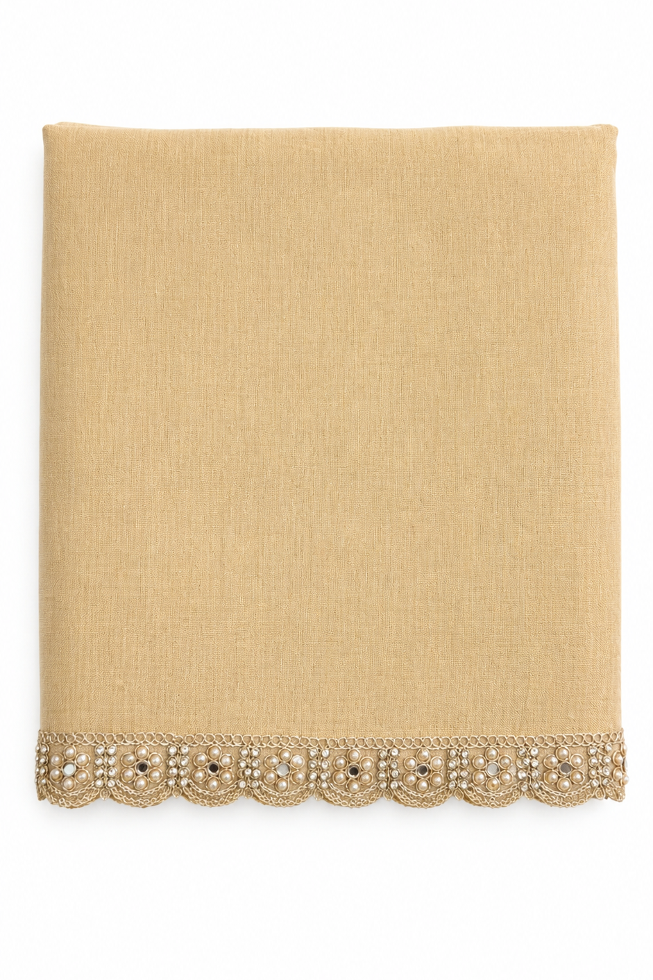 A folded beige linen cloth with a decorative scalloped border featuring gold and silver beadwork, shown on a plain white background.