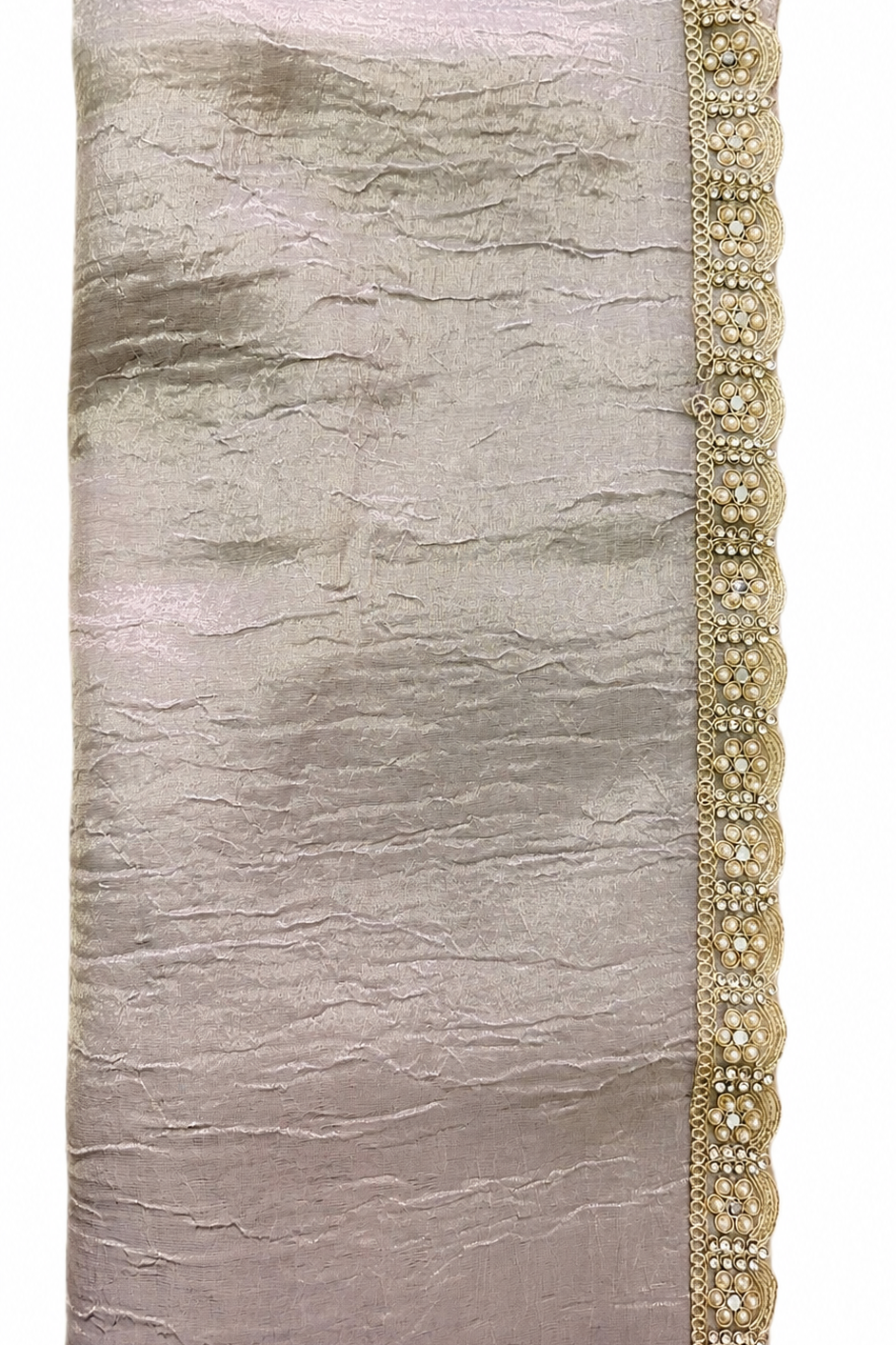 A light beige textured fabric with a decorative gold scalloped border featuring pearl-like embellishments, shown flat against a white background.