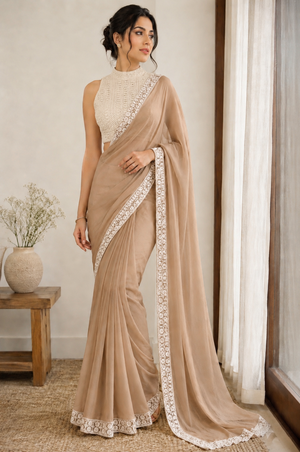 A woman models a beige georgette saree with white floral embroidery along the border, paired with a matching sleeveless embroidered blouse, in an indoor setting.