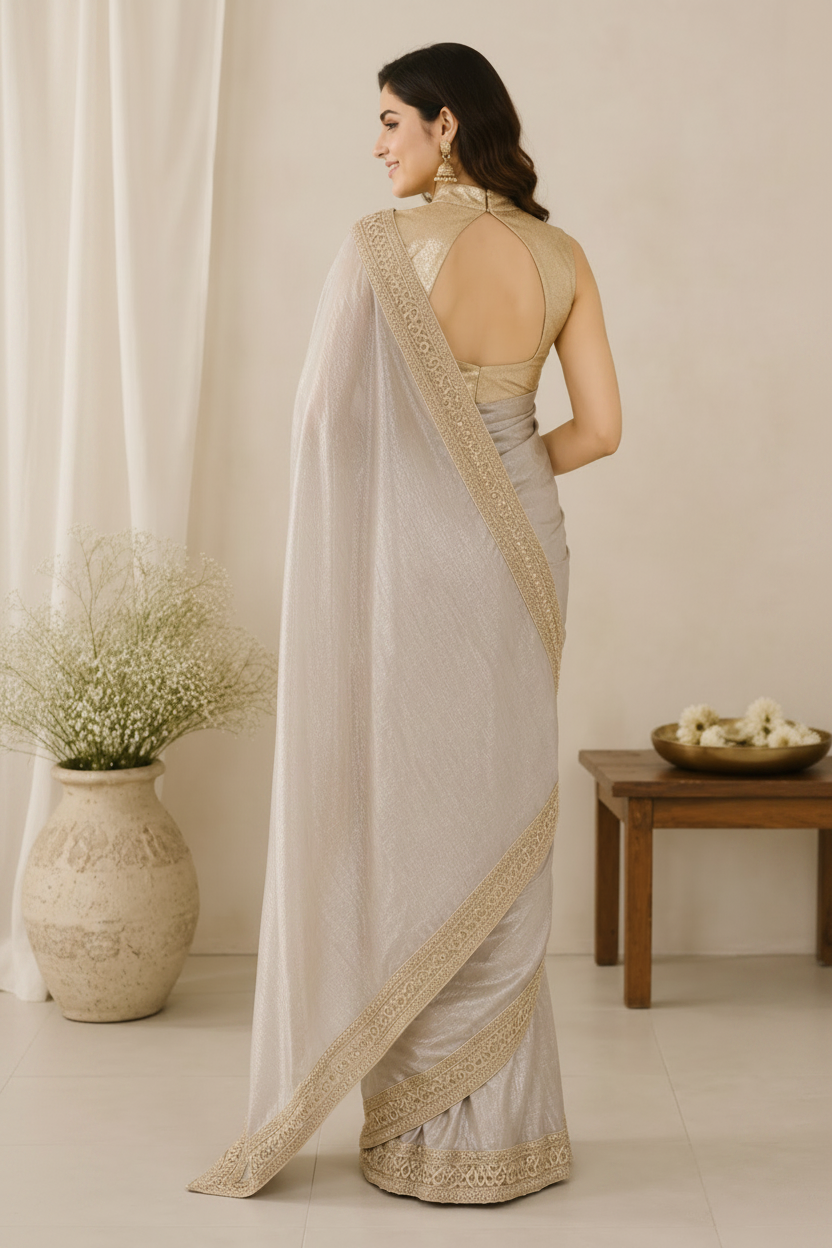 A woman wearing a light beige and silver saree with gold embroidery, shown from the back in a warm, neutral indoor setting.