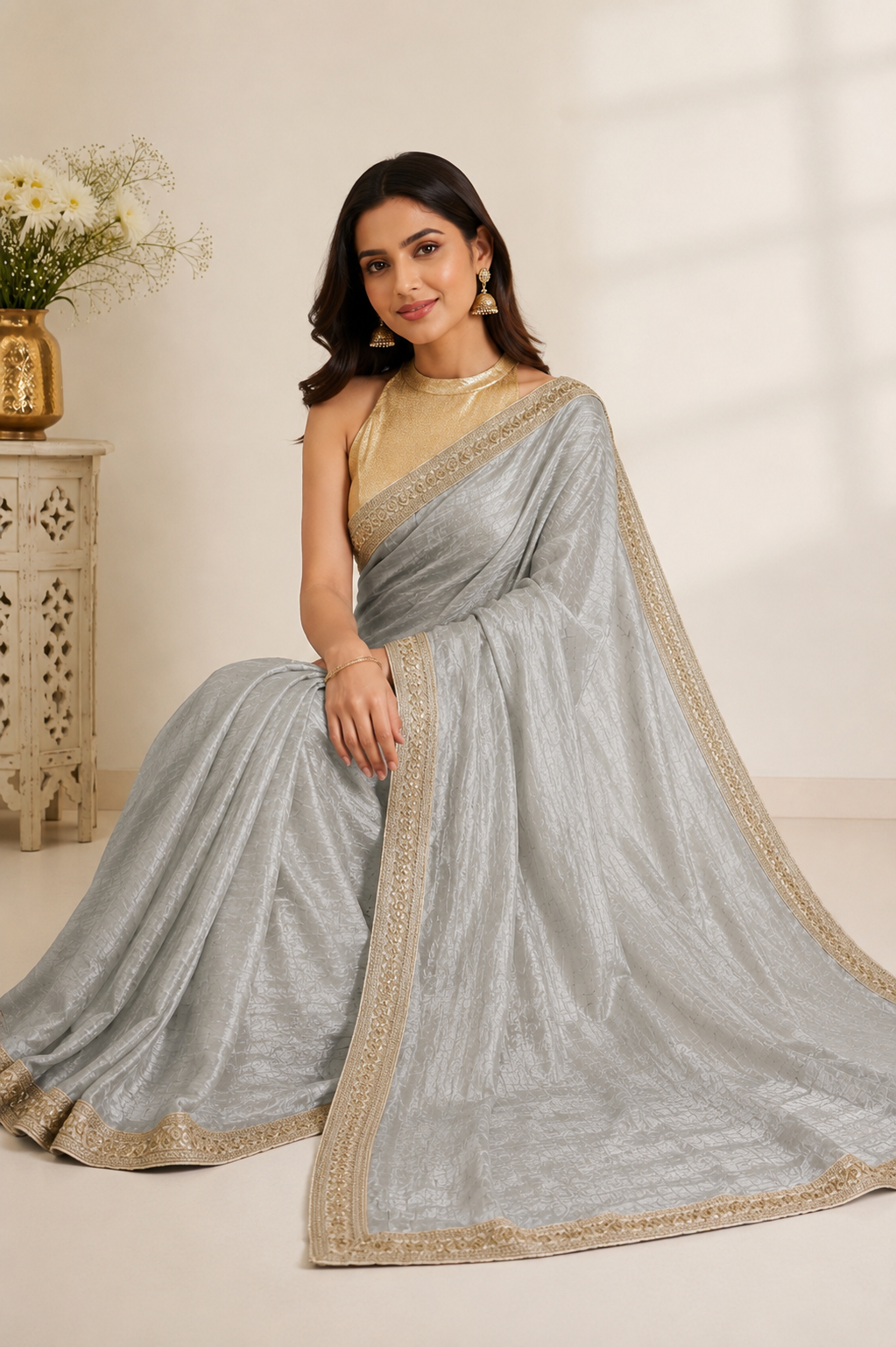 A woman wearing a light silver-gray saree with gold border embroidery, paired with a gold blouse, seated in a softly lit indoor setting.
