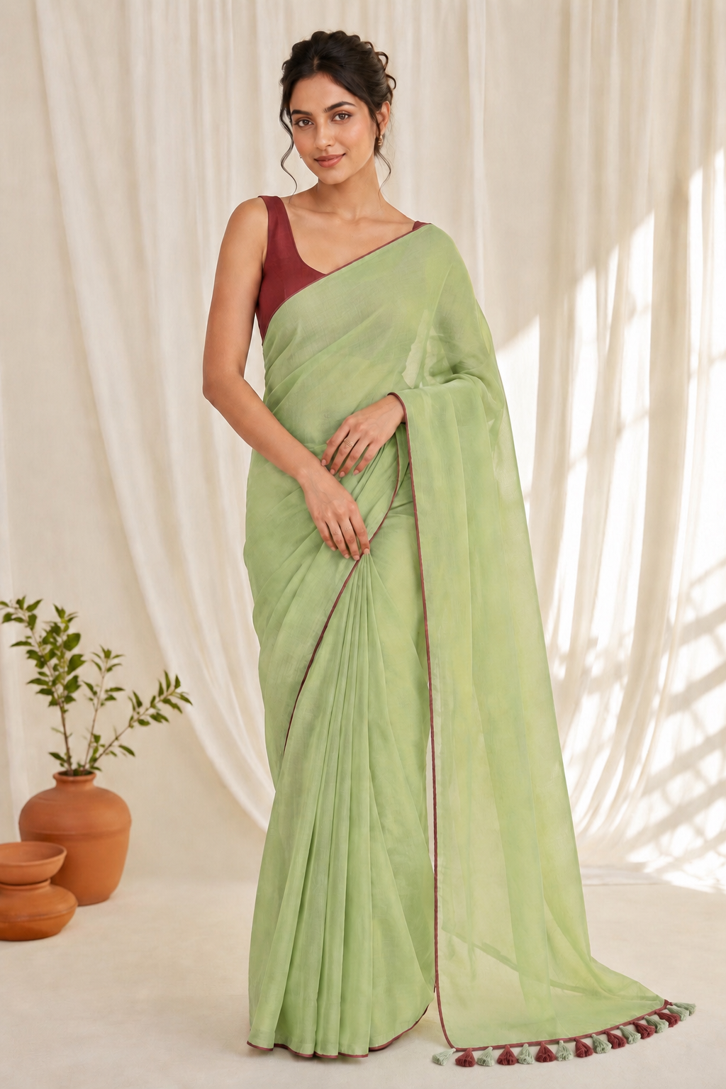 A woman models a light green saree with a deep maroon sleeveless blouse, standing in front of a draped cream fabric backdrop with decorative terracotta pots on the side.