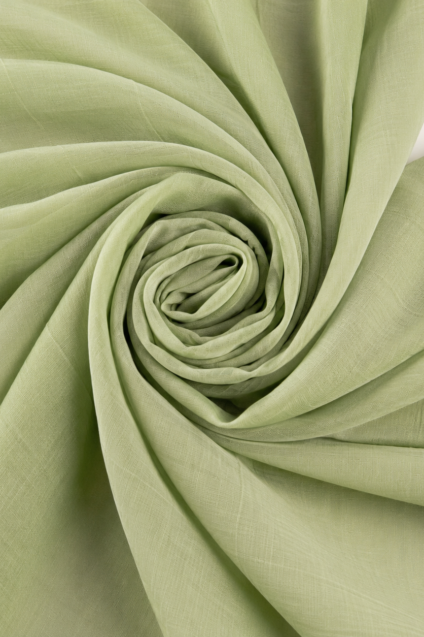 Light sage green fabric draped in a spiral swirl pattern, showing its soft texture and color.