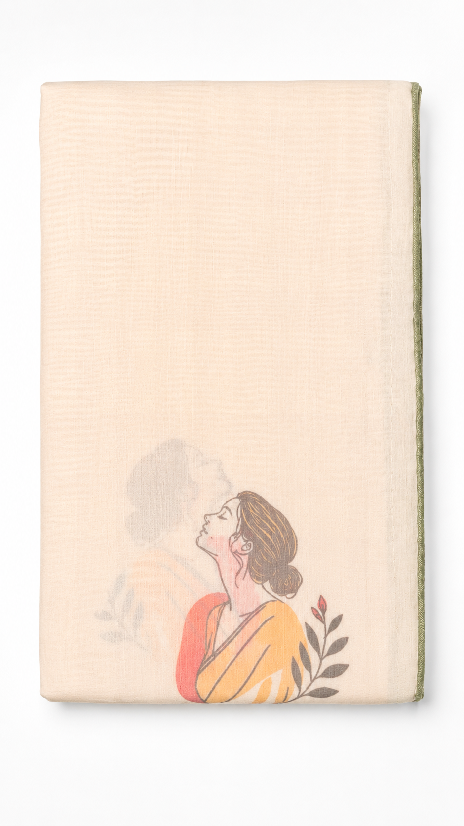 A cream-colored cotton muslin tea towel featuring a printed illustration of a woman in a yellow and orange top with a leaf motif, shown against a plain white background.