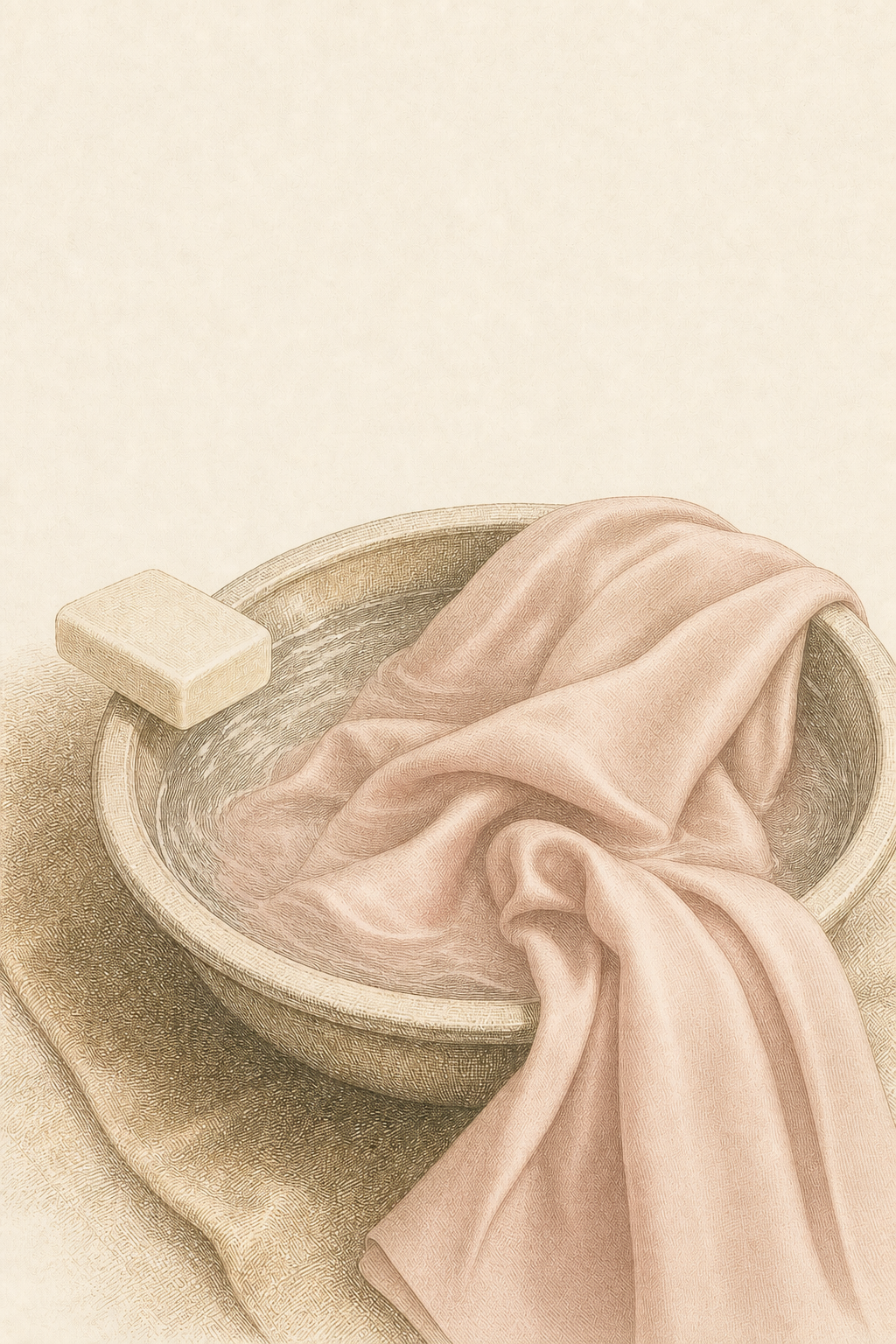 An engraving of a length of blush mul cotton resting in a basin of cool water beside a bar of mild soap.