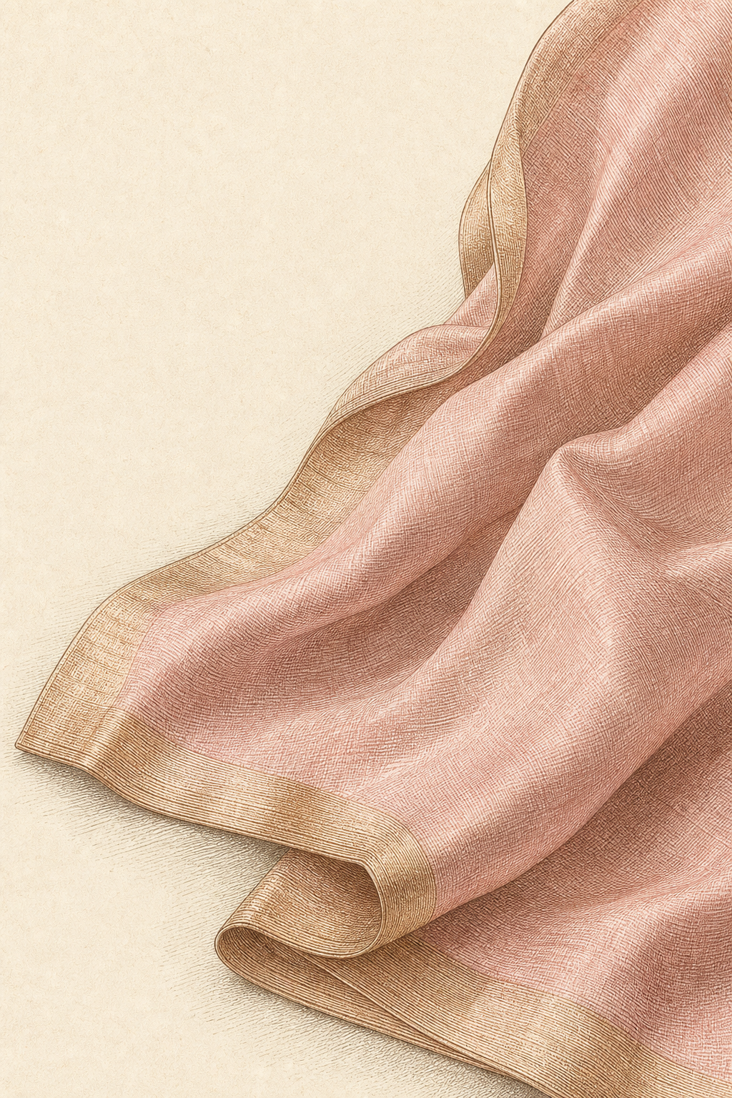 A folded length of fine blush-pink mul cotton, its plain weave drawn in fine engraved detail.