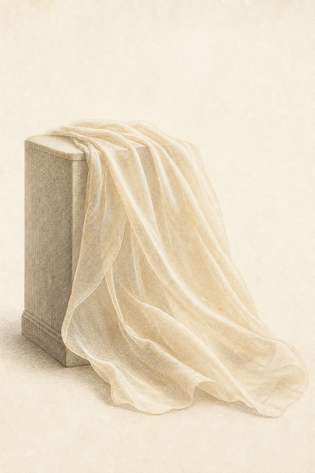 An engraving of an extraordinarily fine, near-transparent length of muslin draped over a pedestal, evoking historical Dhaka muslin.