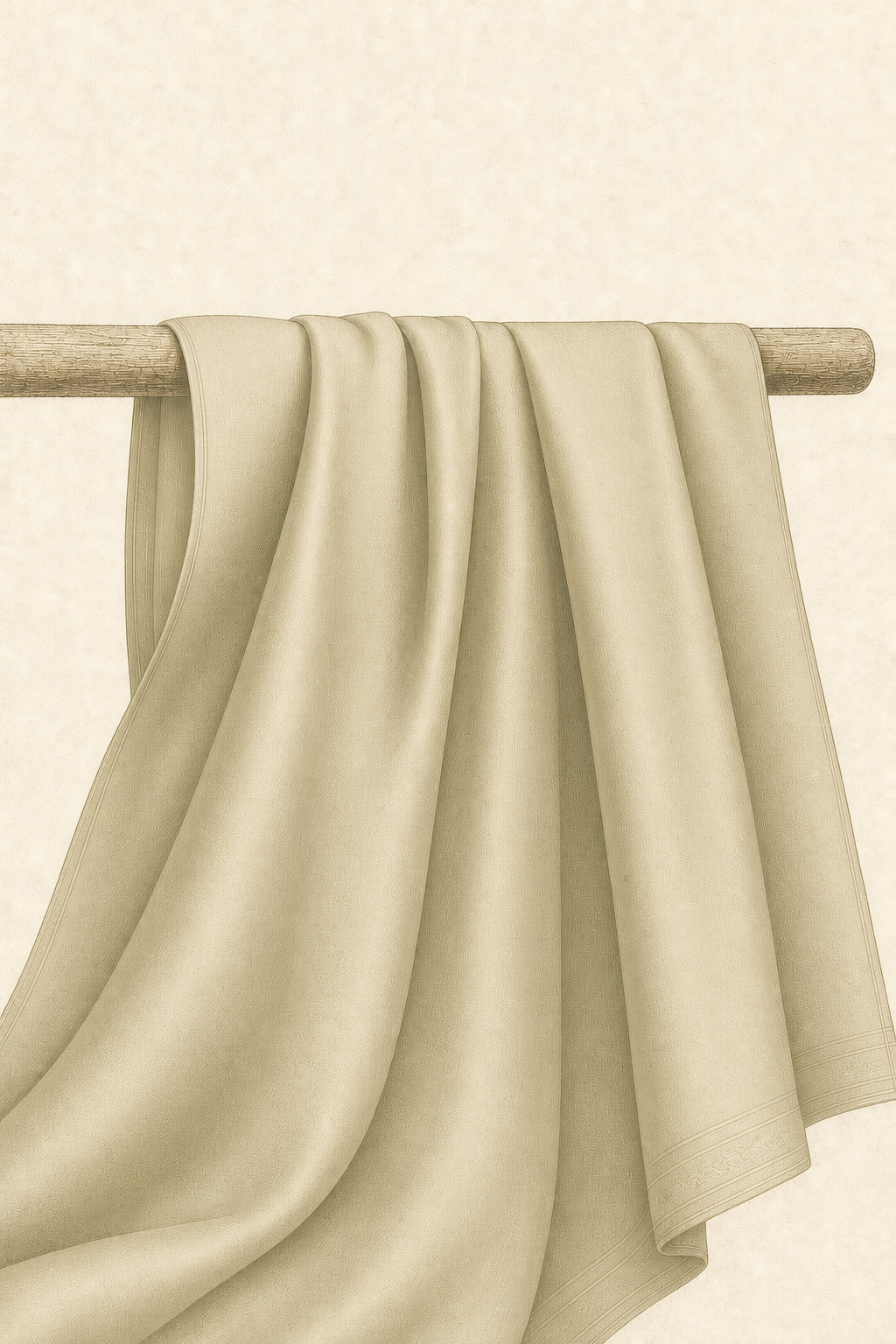 An engraving of a length of pale sage mul cotton laid flat to dry over a plain rod in soft shade.
