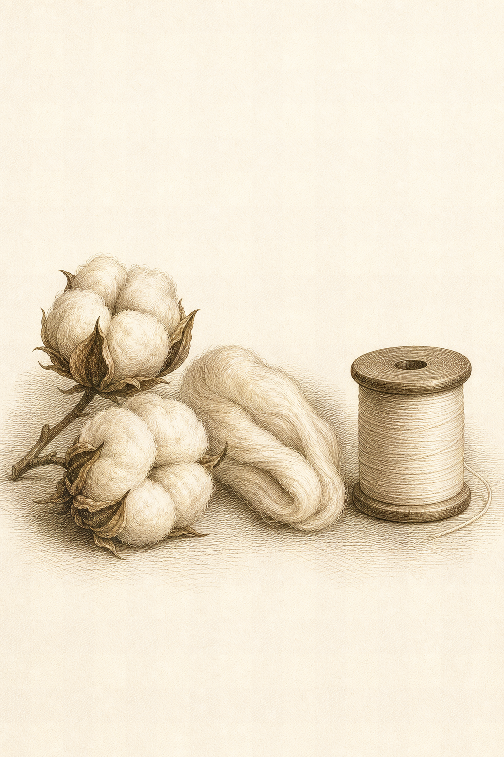 A still-life engraving of raw cotton bolls, a combed sliver, and a spool of fine spun cotton yarn arranged left to right.