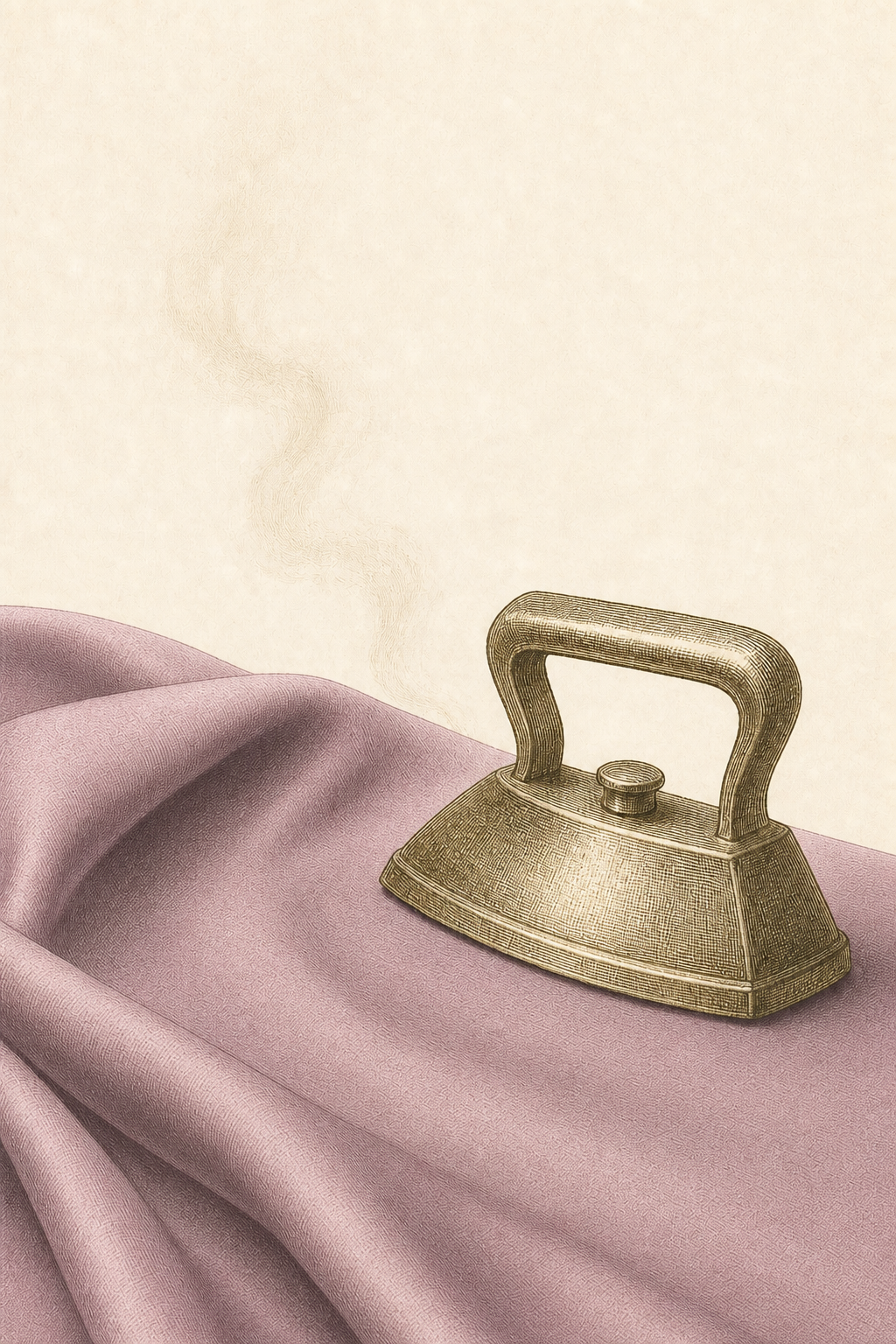 An engraving of a smooth iron resting on a length of mauve mul cotton turned to its reverse, a thin wisp of steam rising.