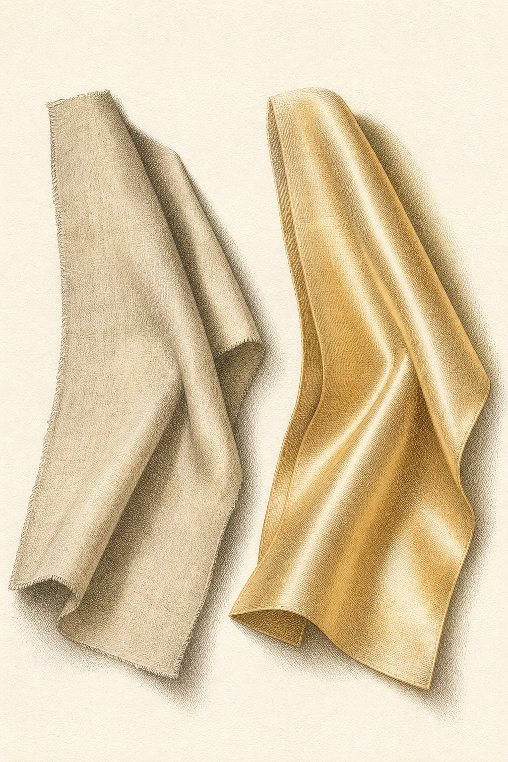 An engraving comparing a dull unfinished length of cotton with the same cloth finished smooth and lustrous.