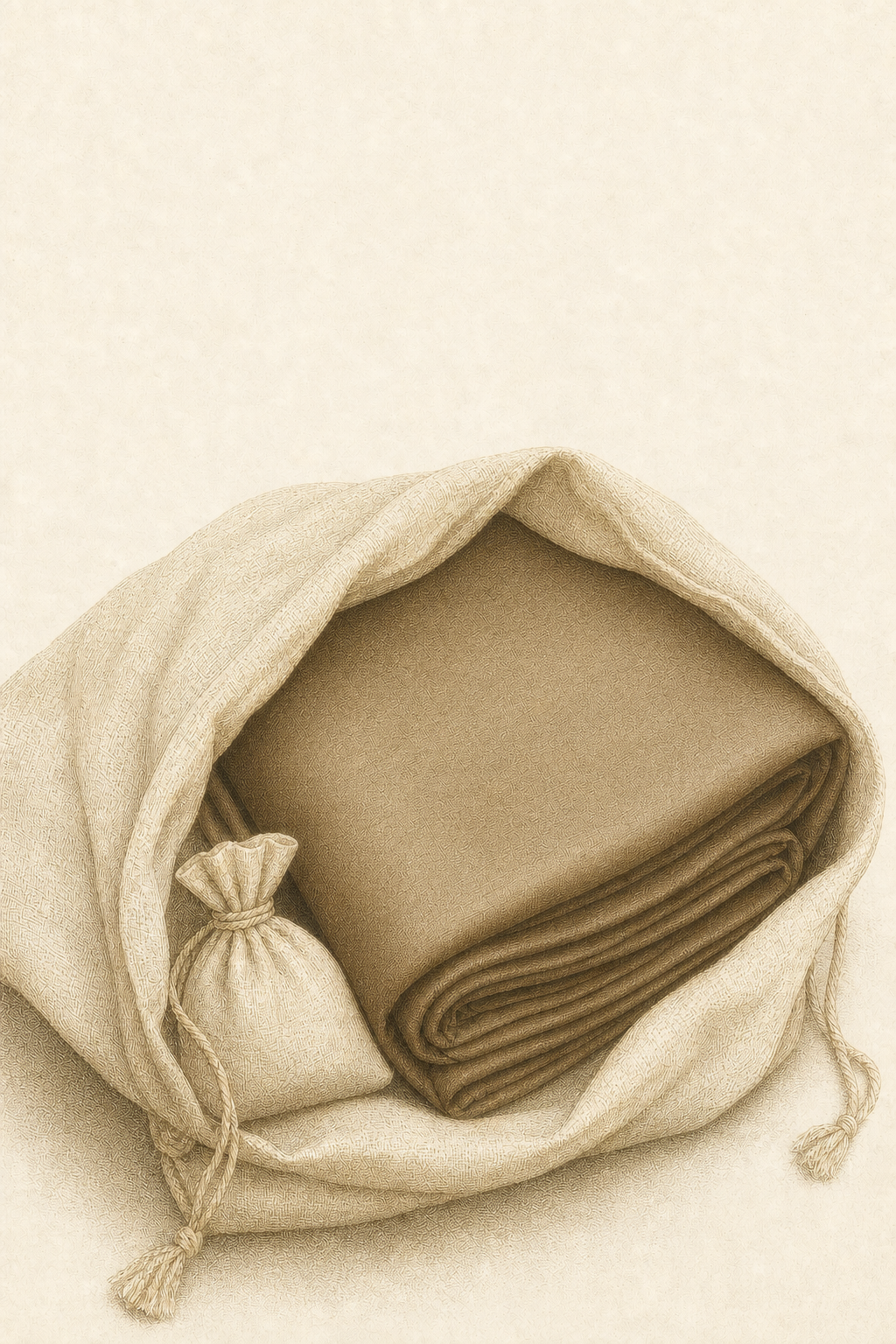 An engraving of a folded length of cocoa-brown mul cotton resting inside an open muslin drawstring bag, a small sachet beside it.