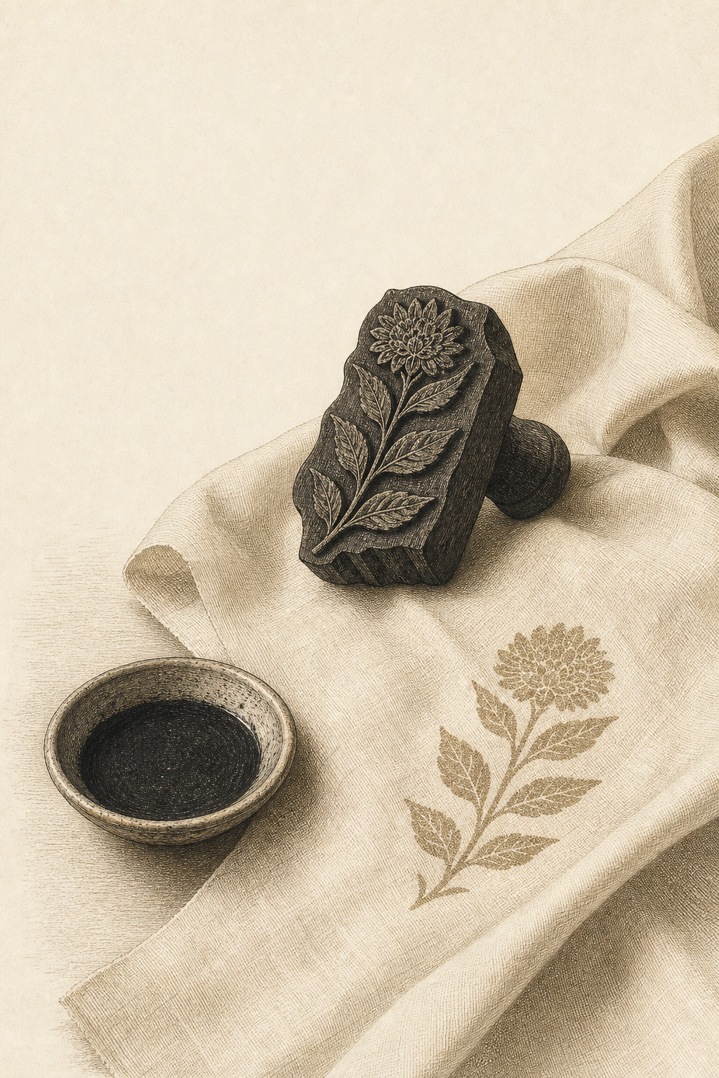 A still-life engraving of a carved wooden printing block resting on plain mul cotton beside a dish of dye, one printed motif showing.