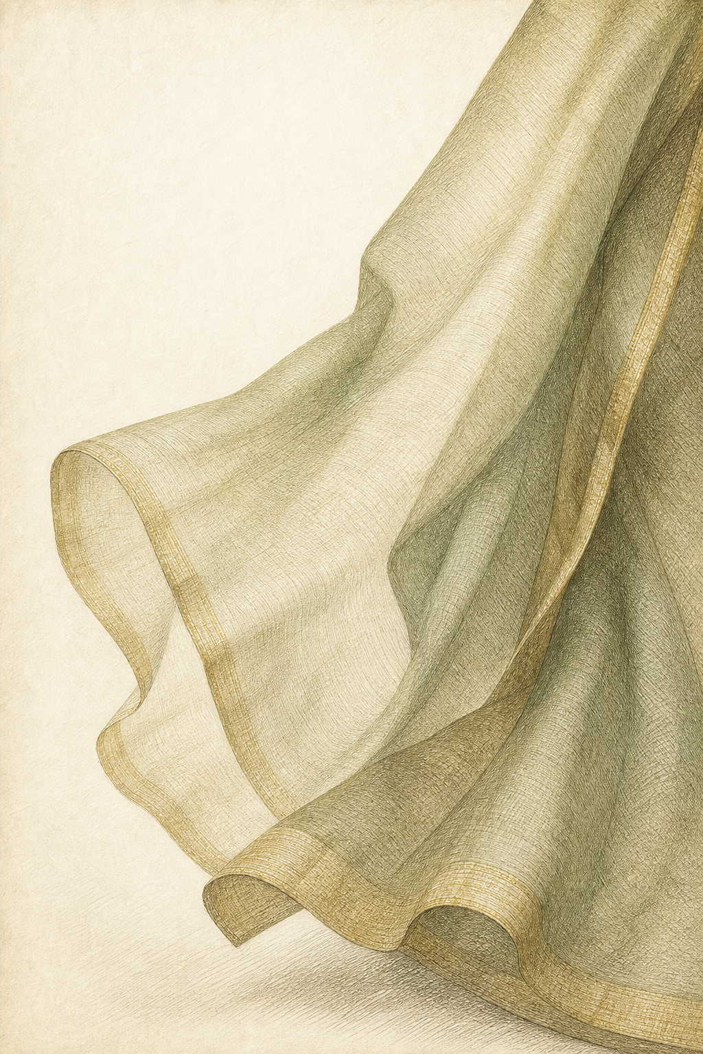 An engraving of a single layer of pale sage-green mul cotton held to the light, glowing with its semi-sheer translucency.