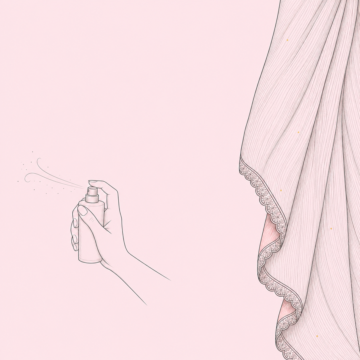 A hand spraying perfume into the air, away from a shimmering saree edge, a reminder to perfume before draping.