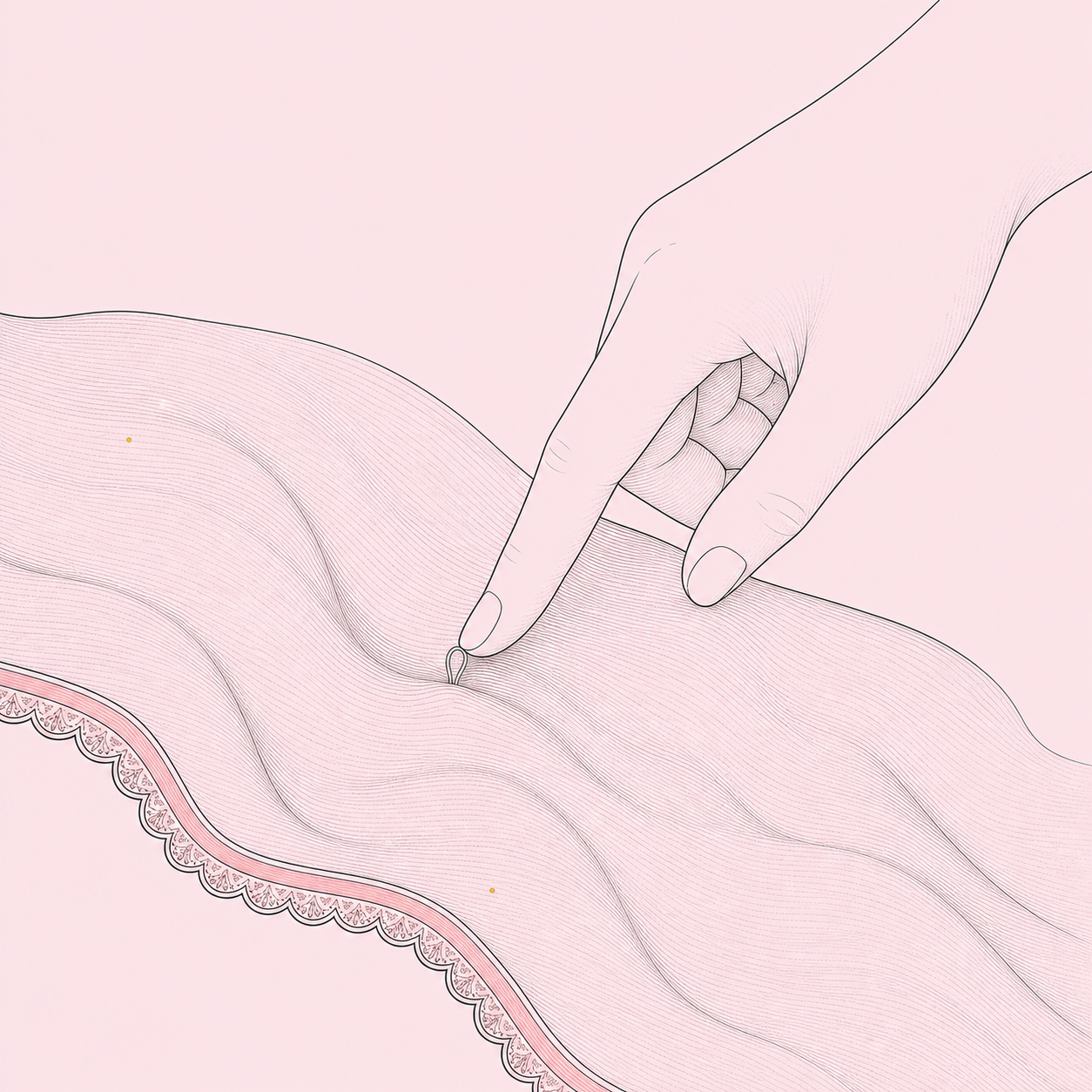 A hand gently easing a snagged thread back through the reverse of sheer fabric, rather than cutting it.