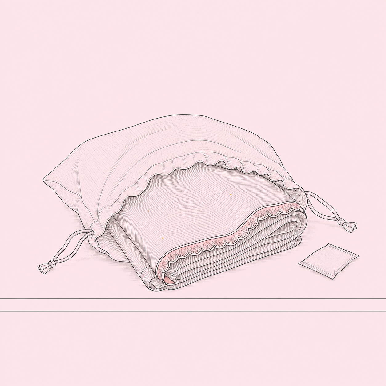 A folded saree stored in a breathable muslin drawstring bag with a small silica-gel sachet beside it.