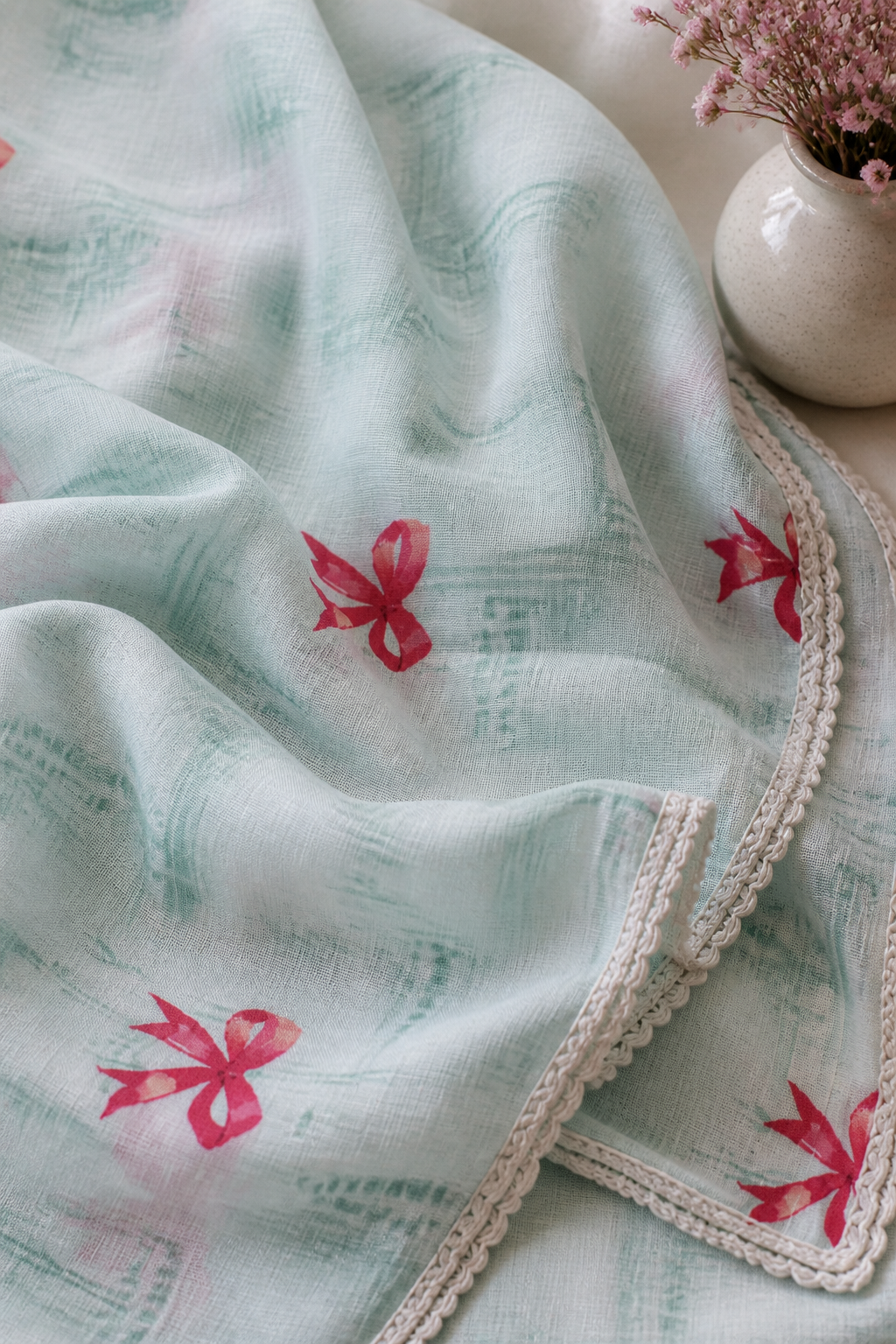 A light mint green gauze scarf with red bow prints and a cream lace border, styled with a ceramic vase of dried pink flowers.