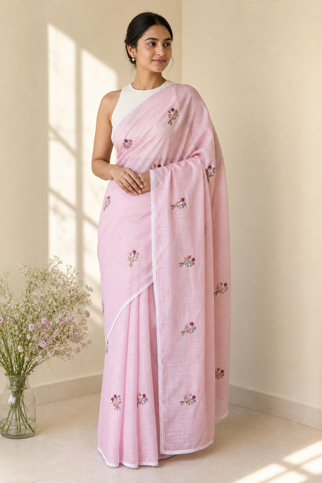 A woman models a light pink cotton saree with small floral embroidery and a white sleeveless blouse, standing in a brightly lit room with a vase of flowers on the floor.