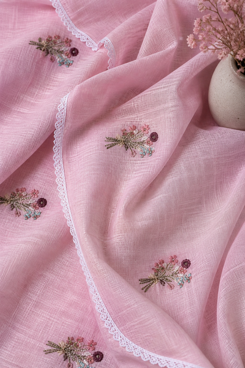 Pink embroidered fabric draped in soft folds, featuring small floral bouquets and white lace trim, with a small vase of dried flowers in the corner.