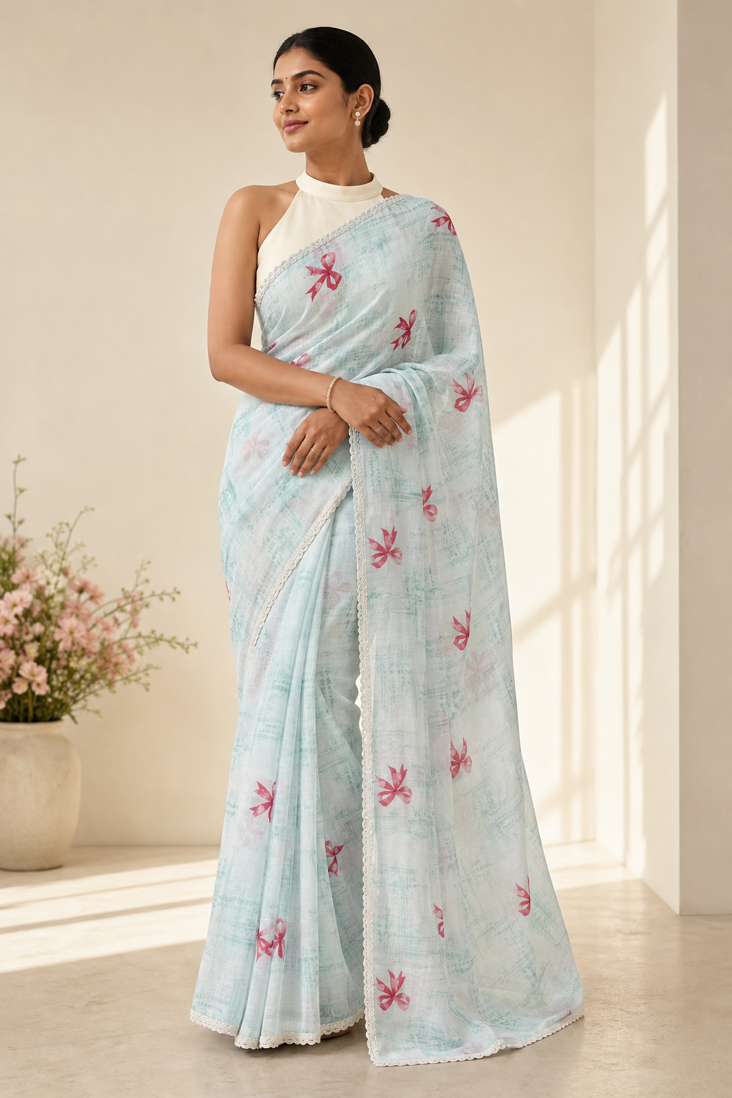 A woman models a light blue saree with pink floral embroidery and a white sleeveless blouse in a bright, sunlit room with a vase of flowers on the left.