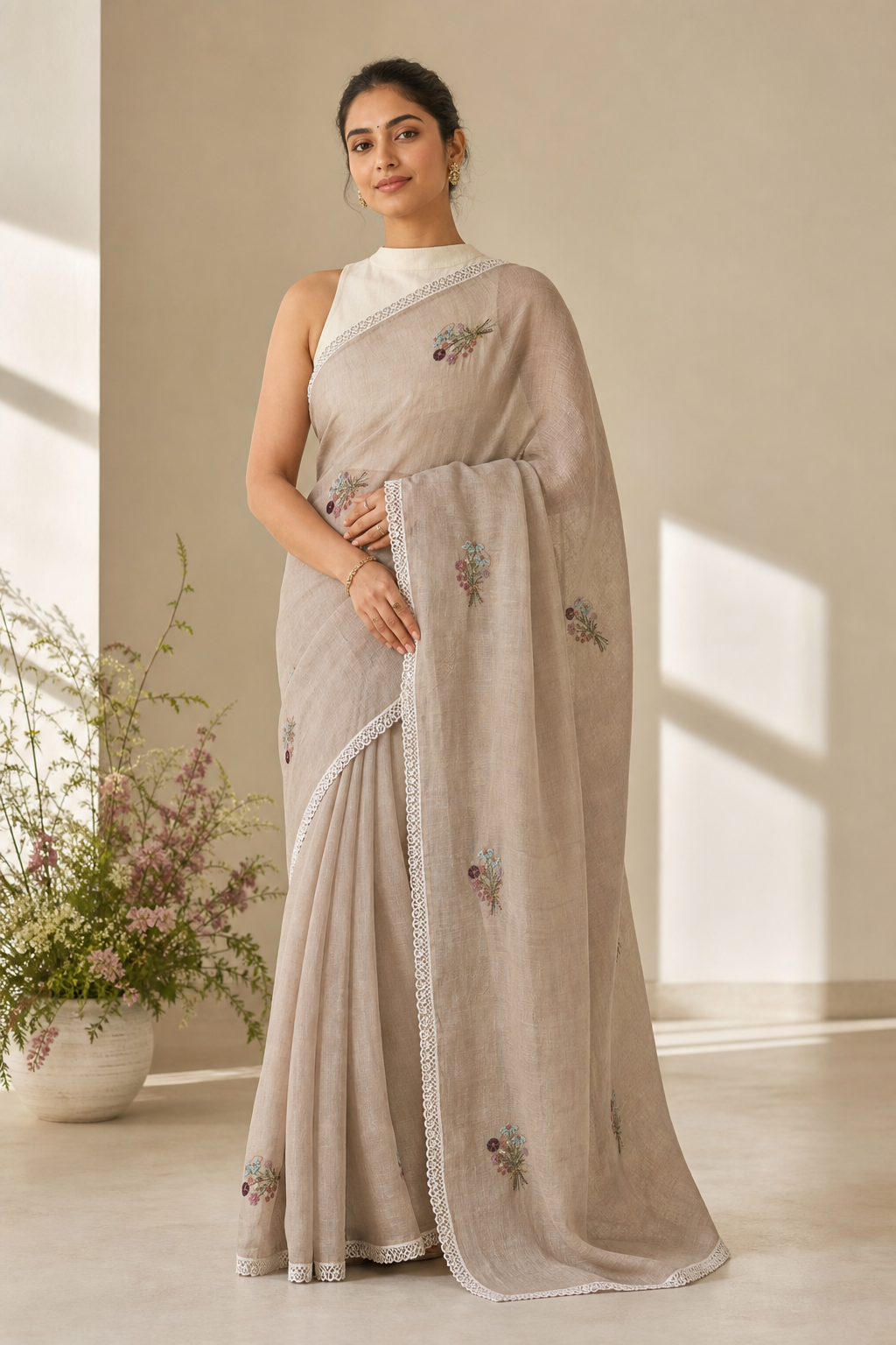 A woman models a light beige saree with delicate floral embroidery and white lace borders, paired with a white sleeveless blouse, in a softly lit indoor setting.